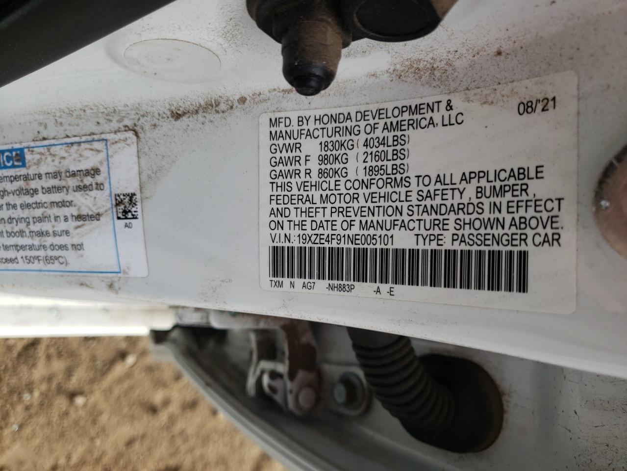 2022 HONDA INSIGHT TOURING VIN:19XZE4F91NE005101