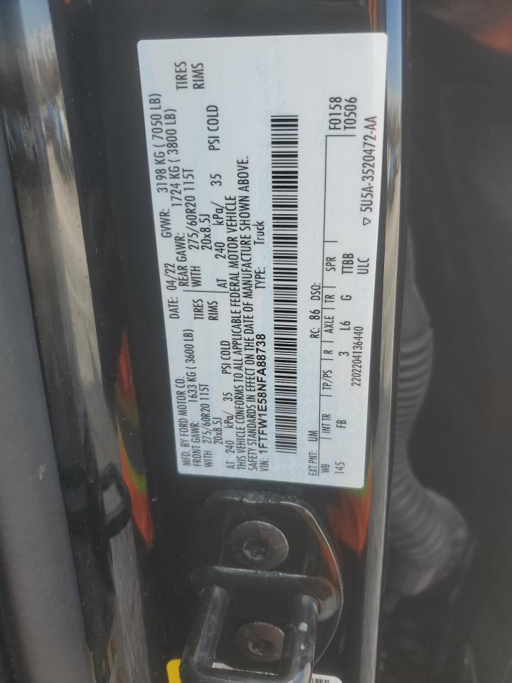 2022 FORD F150 SUPERCREW VIN:1FTFW1E58NFA88738