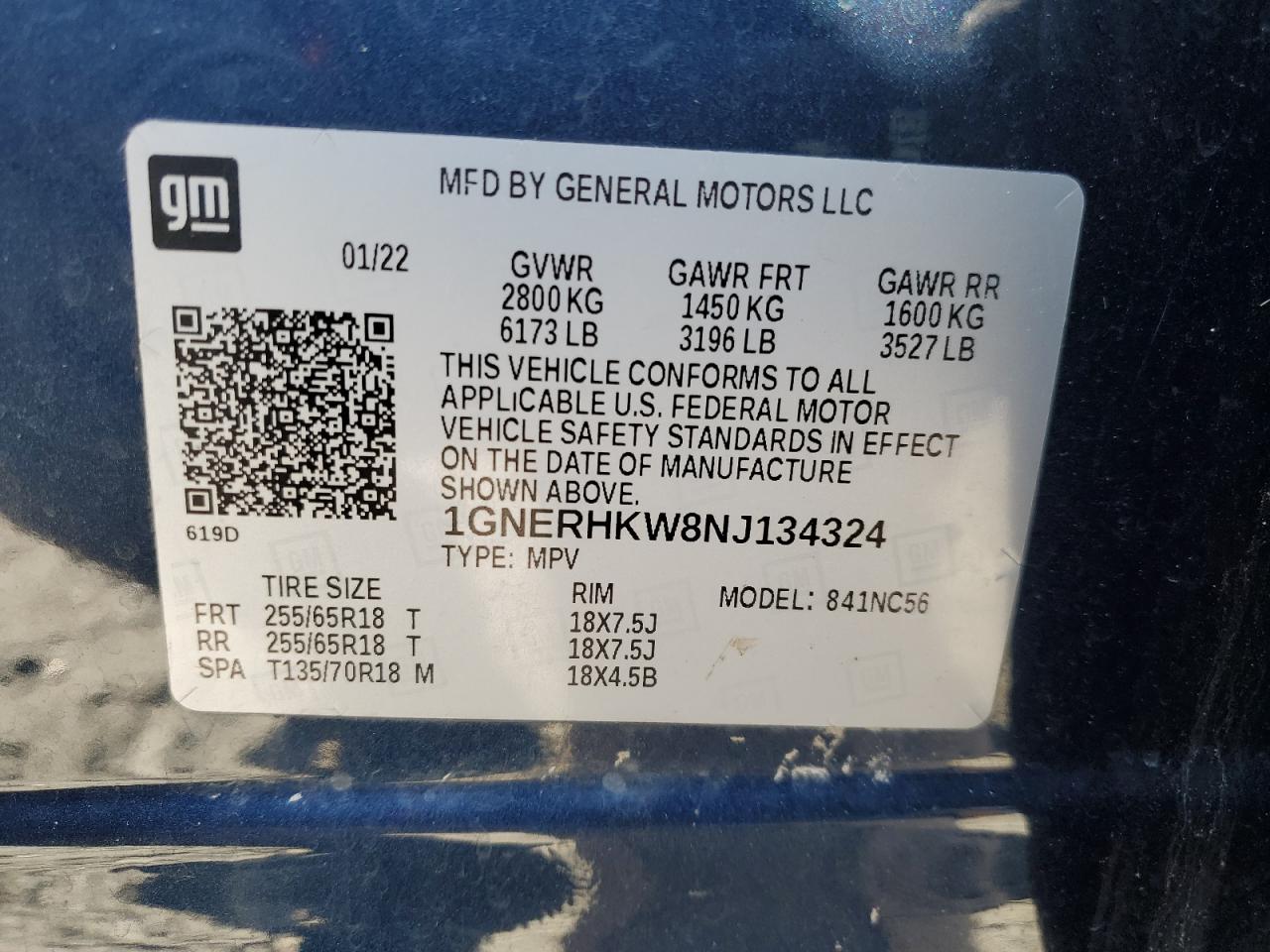 2022 CHEVROLET TRAVERSE LT VIN:1GNERHKW8NJ134324