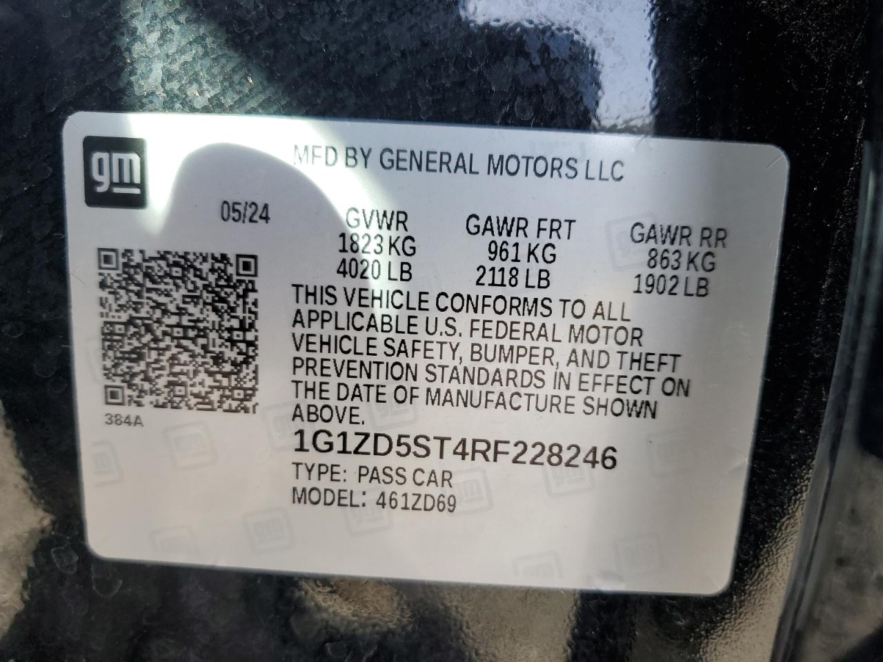 2024 CHEVROLET MALIBU LT VIN:1G1ZD5ST4RF228246