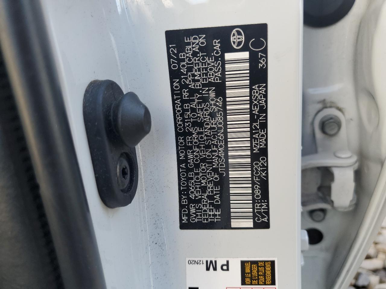 2022 TOYOTA COROLLA SE VIN:JTDS4MCE6NJ085746