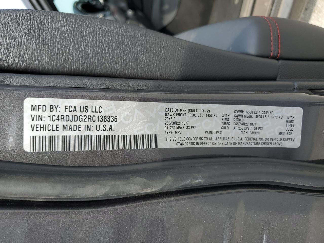 2024 DODGE DURANGO GT VIN:1C4RDJDG2RC138336