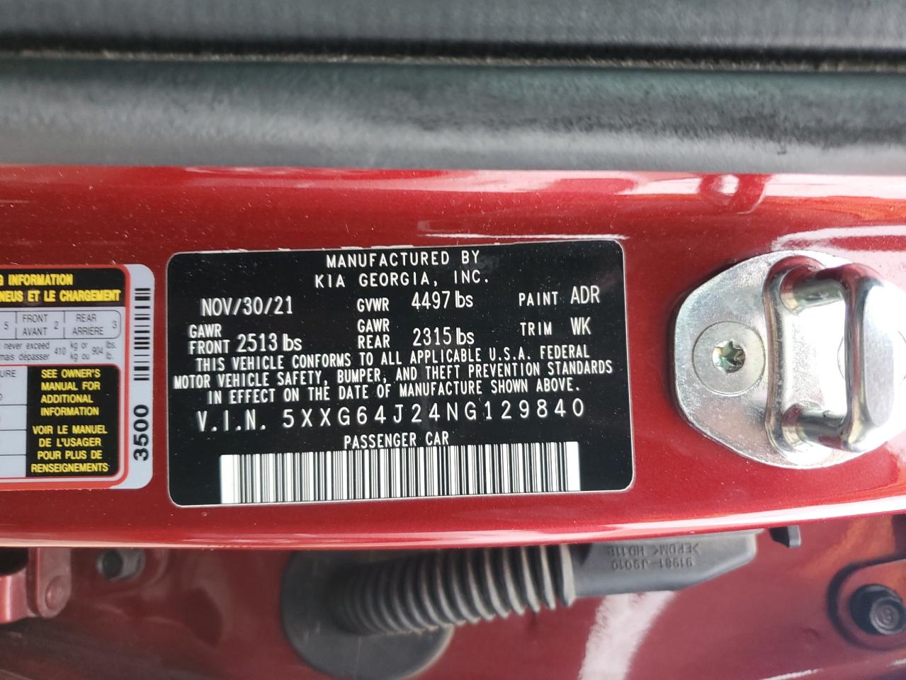2022 KIA K5 GT LINE VIN:5XXG64J24NG129840