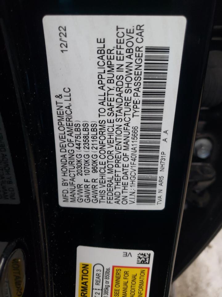 2022 HONDA ACCORD SPORT SE VIN:1HGCV1F40NA115666