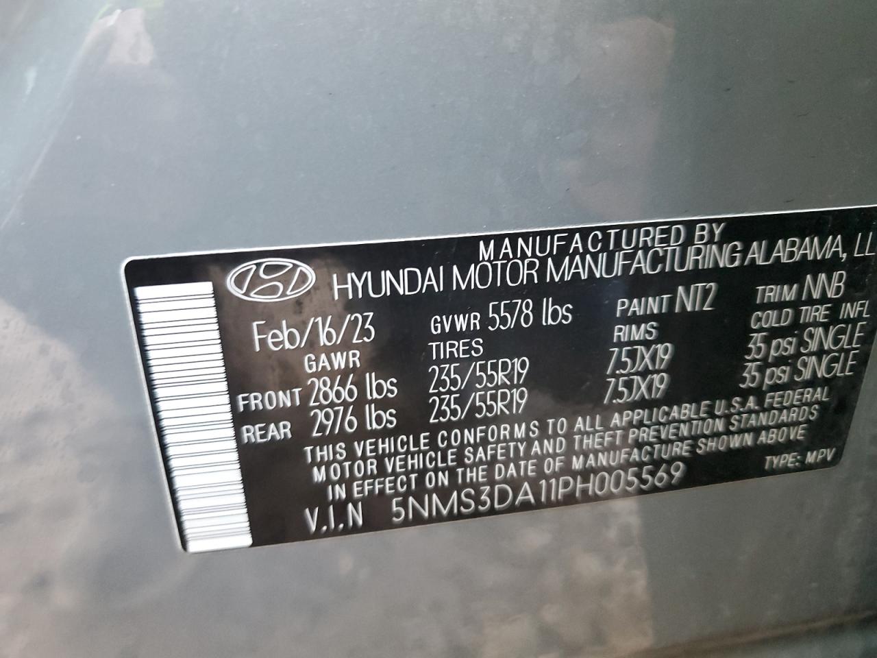 2023 HYUNDAI SANTA FE SEL PREMIUM VIN:5NMS3DA11PH005569