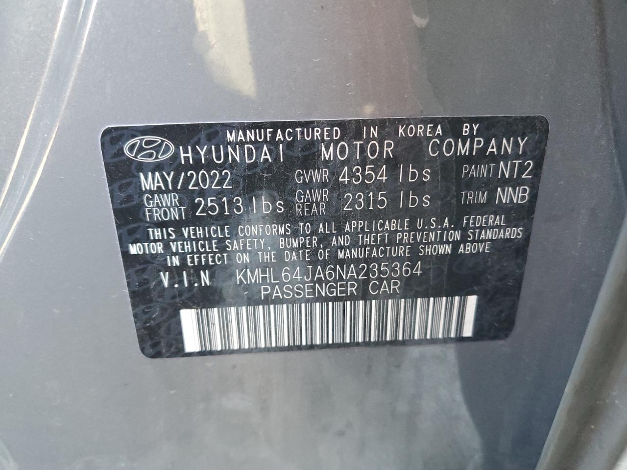 2022 HYUNDAI SONATA SEL VIN:KMHL64JA6NA235364