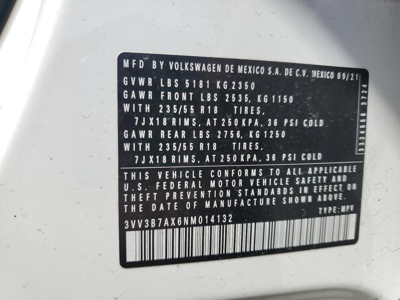 2022 VOLKSWAGEN TIGUAN SE VIN:3VV3B7AX6NM014132