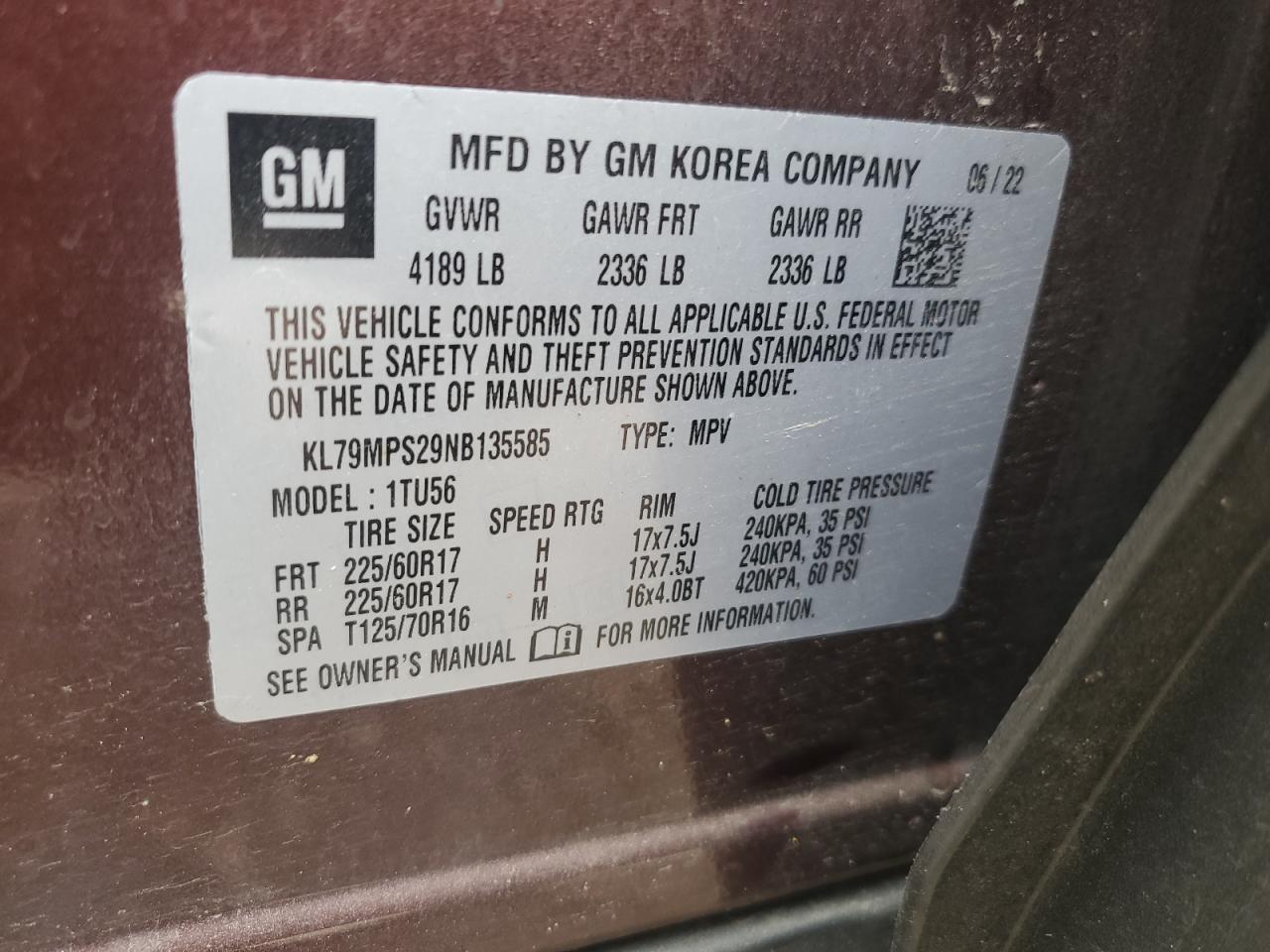 2022 CHEVROLET TRAILBLAZER LT VIN:KL79MPS29NB135585