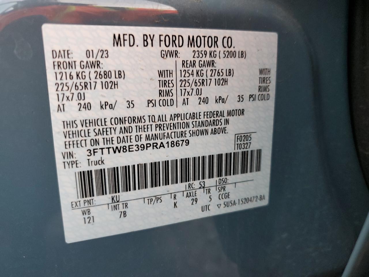 2023 FORD MAVERICK XL VIN:3FTTW8E39PRA18679