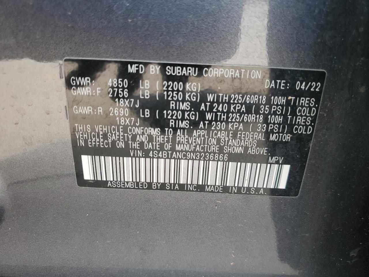 2022 SUBARU OUTBACK LIMITED VIN:4S4BTANC9N3236866