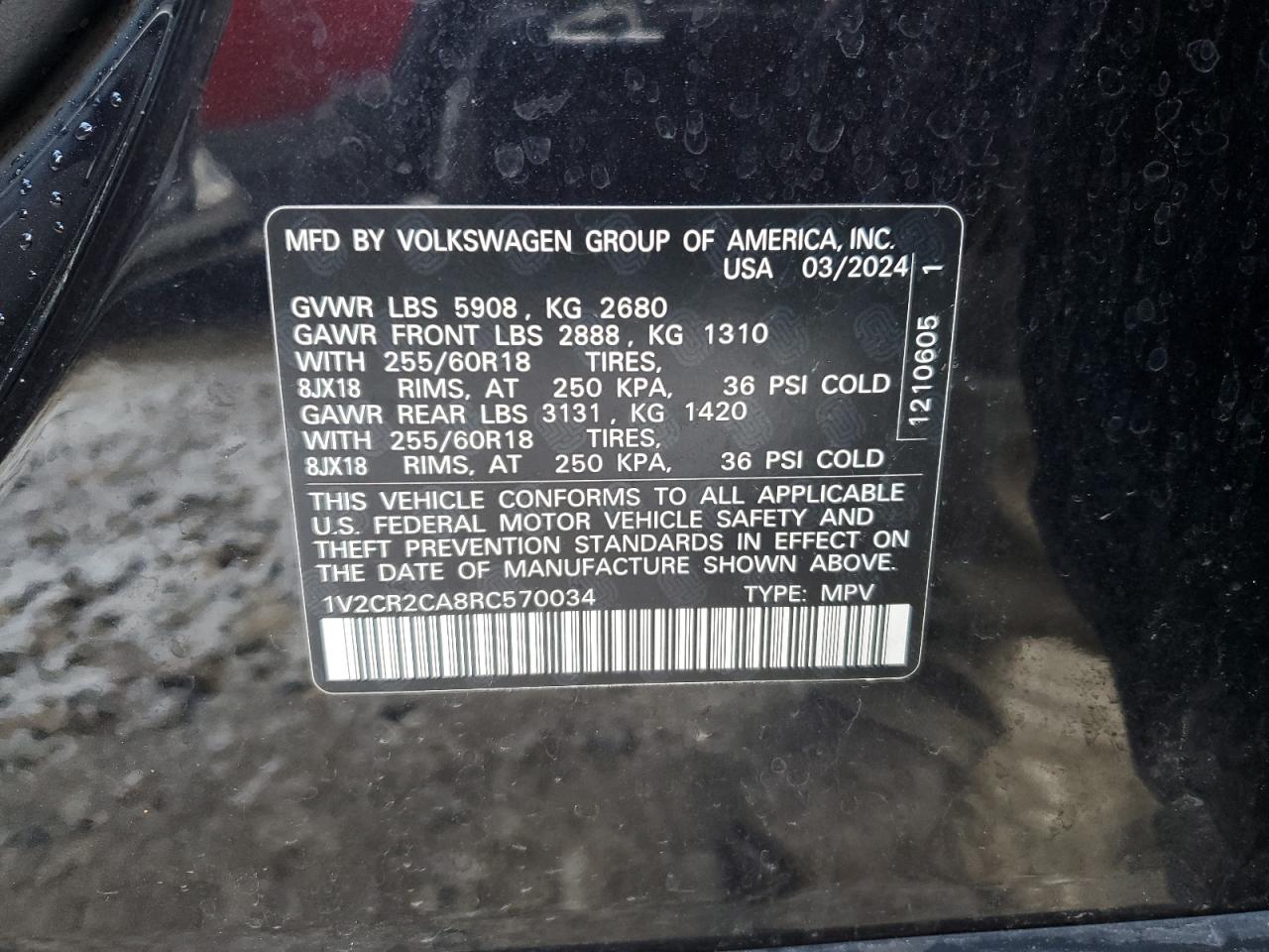 2024 VOLKSWAGEN ATLAS PEAK EDITION SE VIN:1V2CR2CA8RC570034