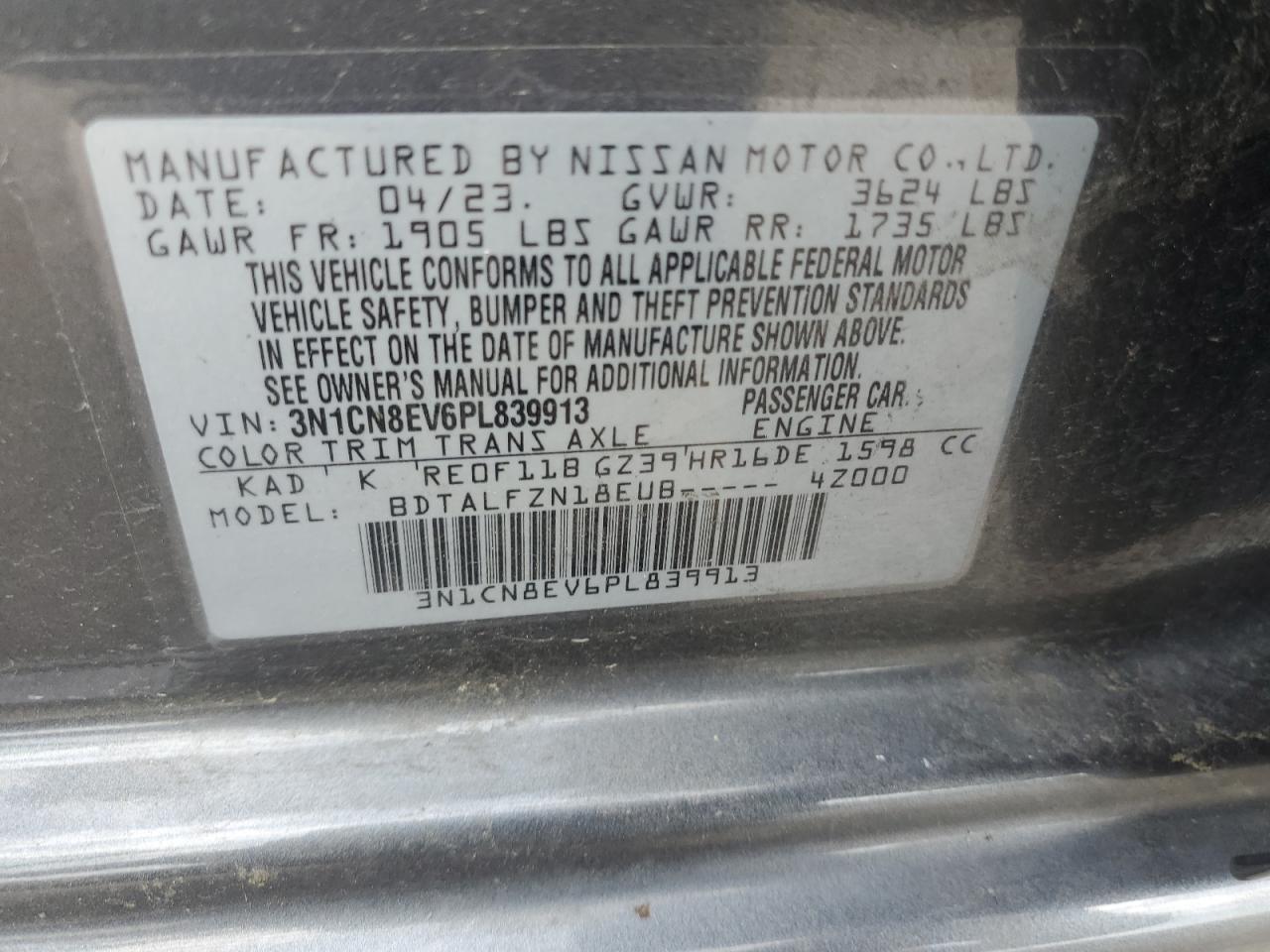 2023 NISSAN VERSA SV VIN:3N1CN8EV6PL839913