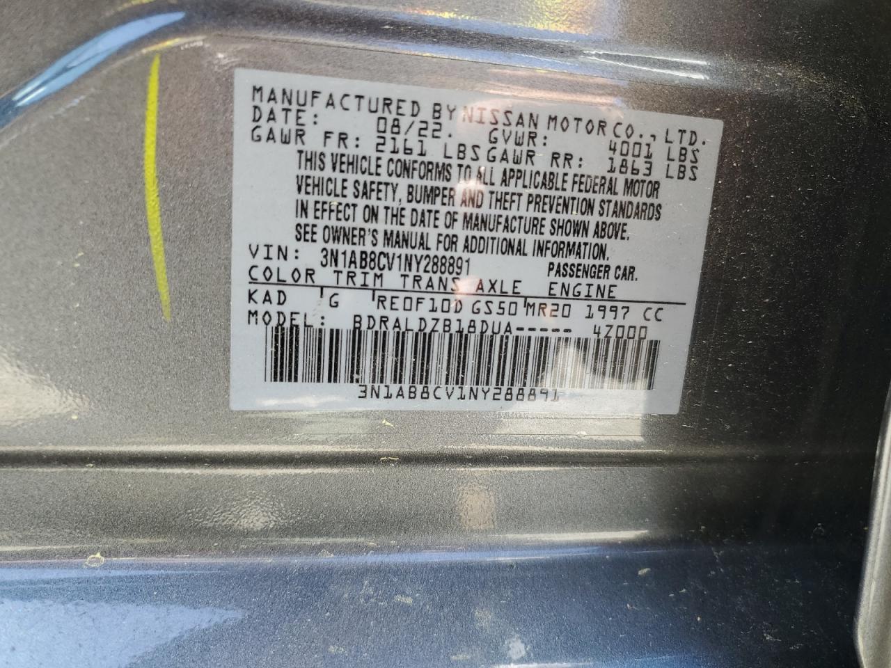 2022 NISSAN SENTRA SV VIN:3N1AB8CV1NY288891