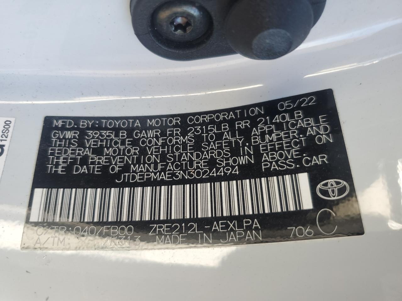2022 TOYOTA COROLLA LE VIN:JTDEPMAE3N3024494