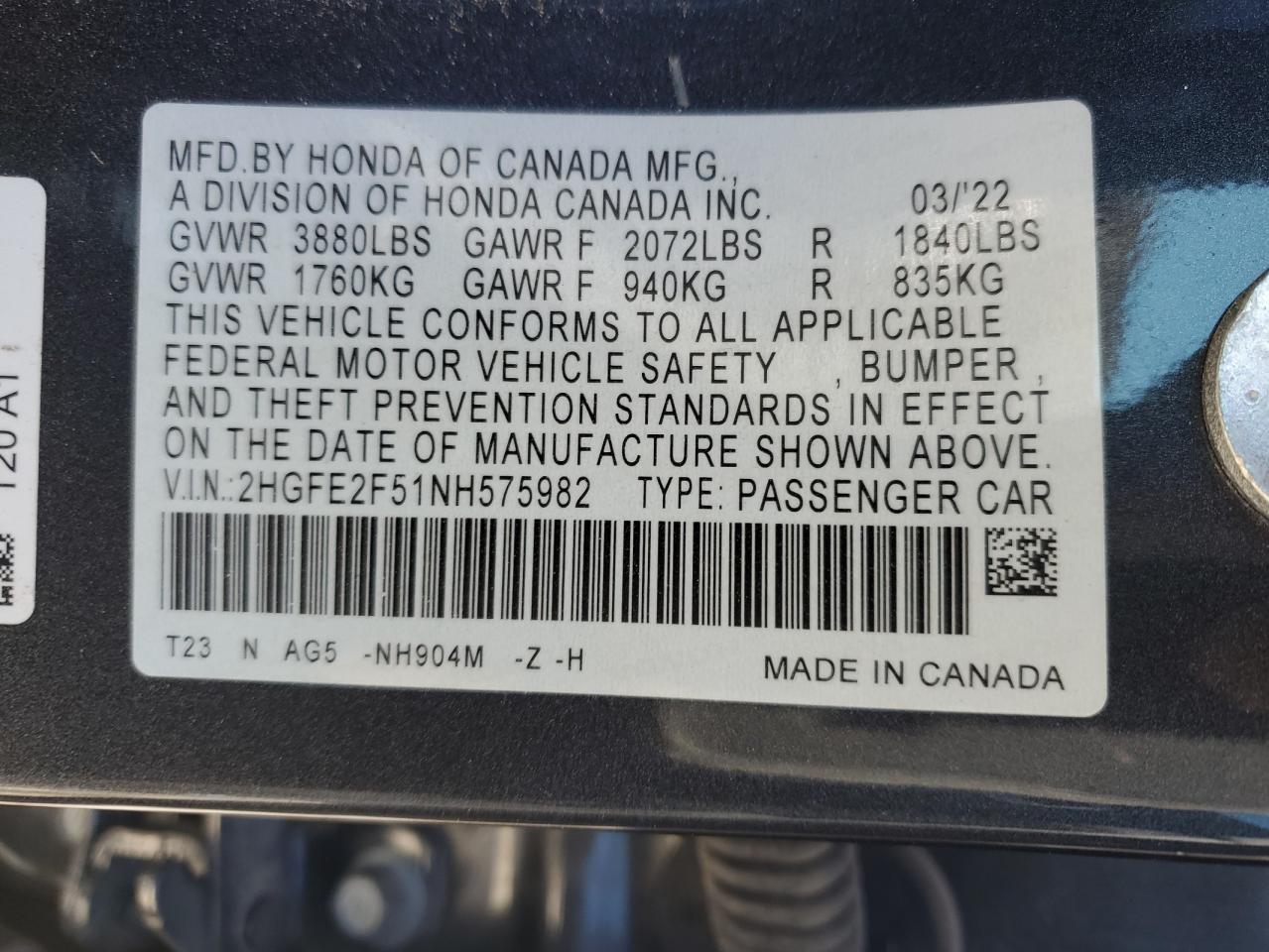 2022 HONDA CIVIC SPORT VIN:2HGFE2F51NH575982