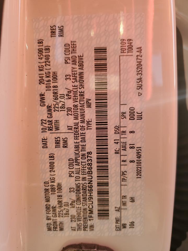 2022 FORD ESCAPE SEL VIN:1FMCU9H66NUB68378