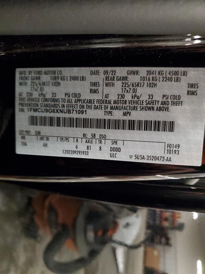 2022 FORD ESCAPE SE VIN:1FMCU9G6XNUB71091