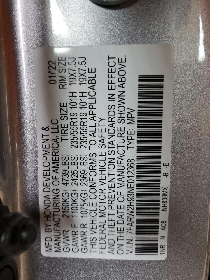 2022 HONDA CR-V TOURING VIN:7FARW2H93NE012368