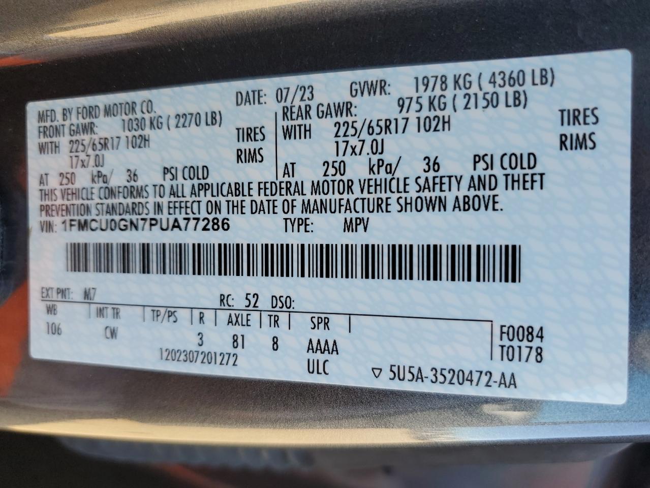 2023 FORD ESCAPE ACTIVE VIN:1FMCU0GN7PUA77286