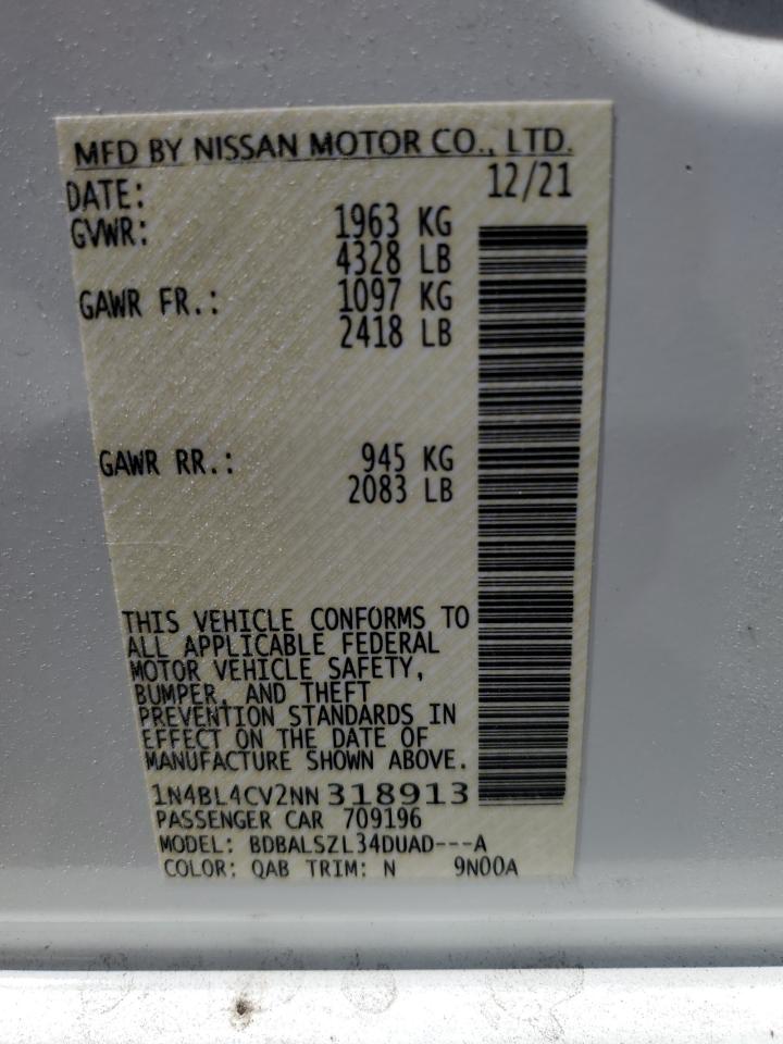 2022 NISSAN ALTIMA SR VIN:1N4BL4CV2NN318913