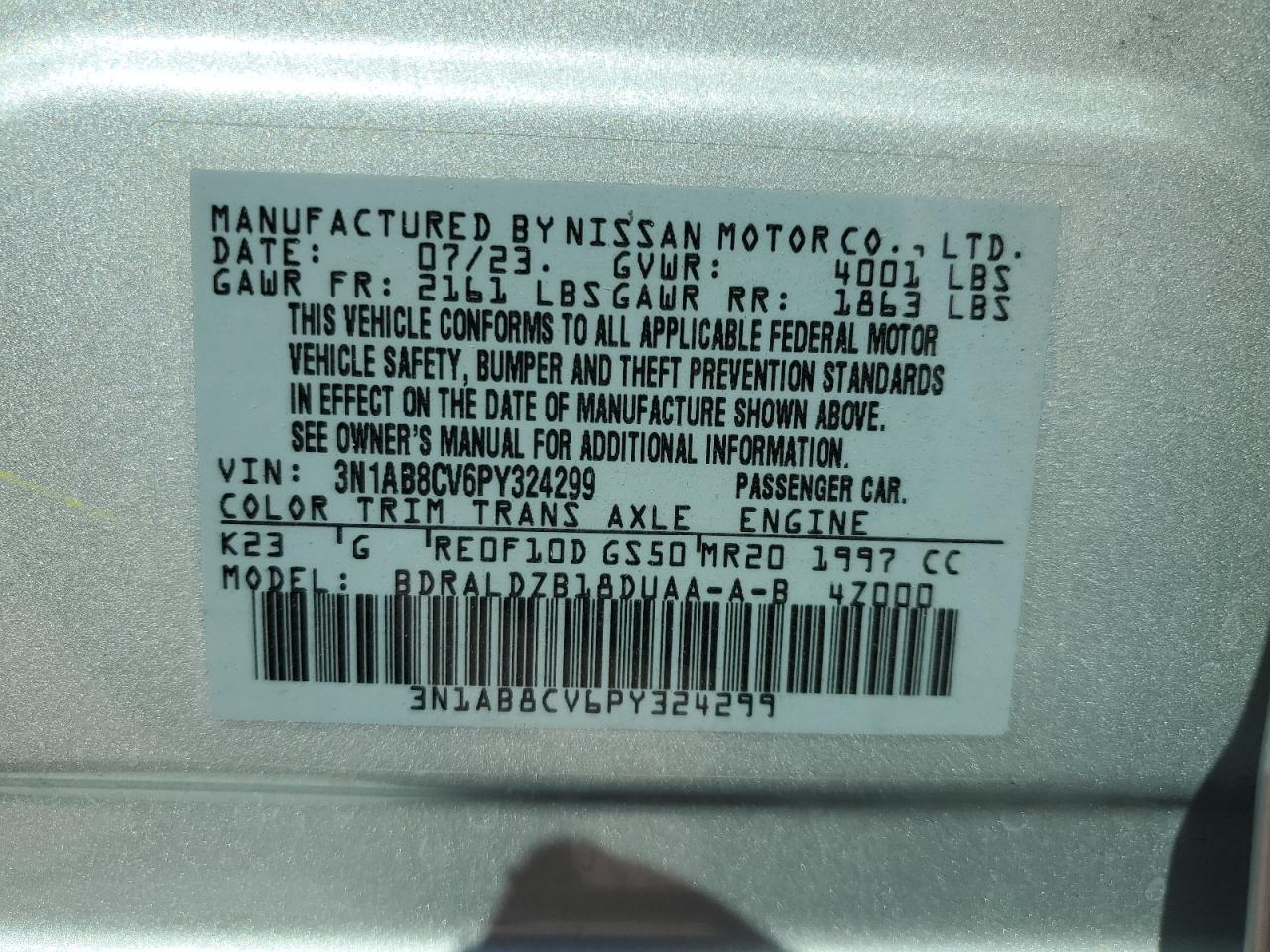 2023 NISSAN SENTRA SV VIN:3N1AB8CV6PY324299
