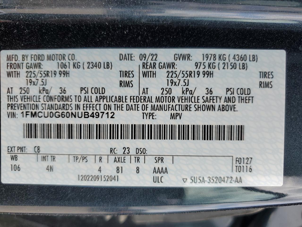 2022 FORD ESCAPE SE VIN:1FMCU0G60NUB49712