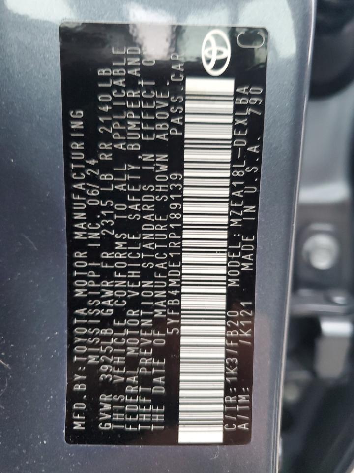2024 TOYOTA COROLLA LE VIN:5YFB4MDE1RP189139