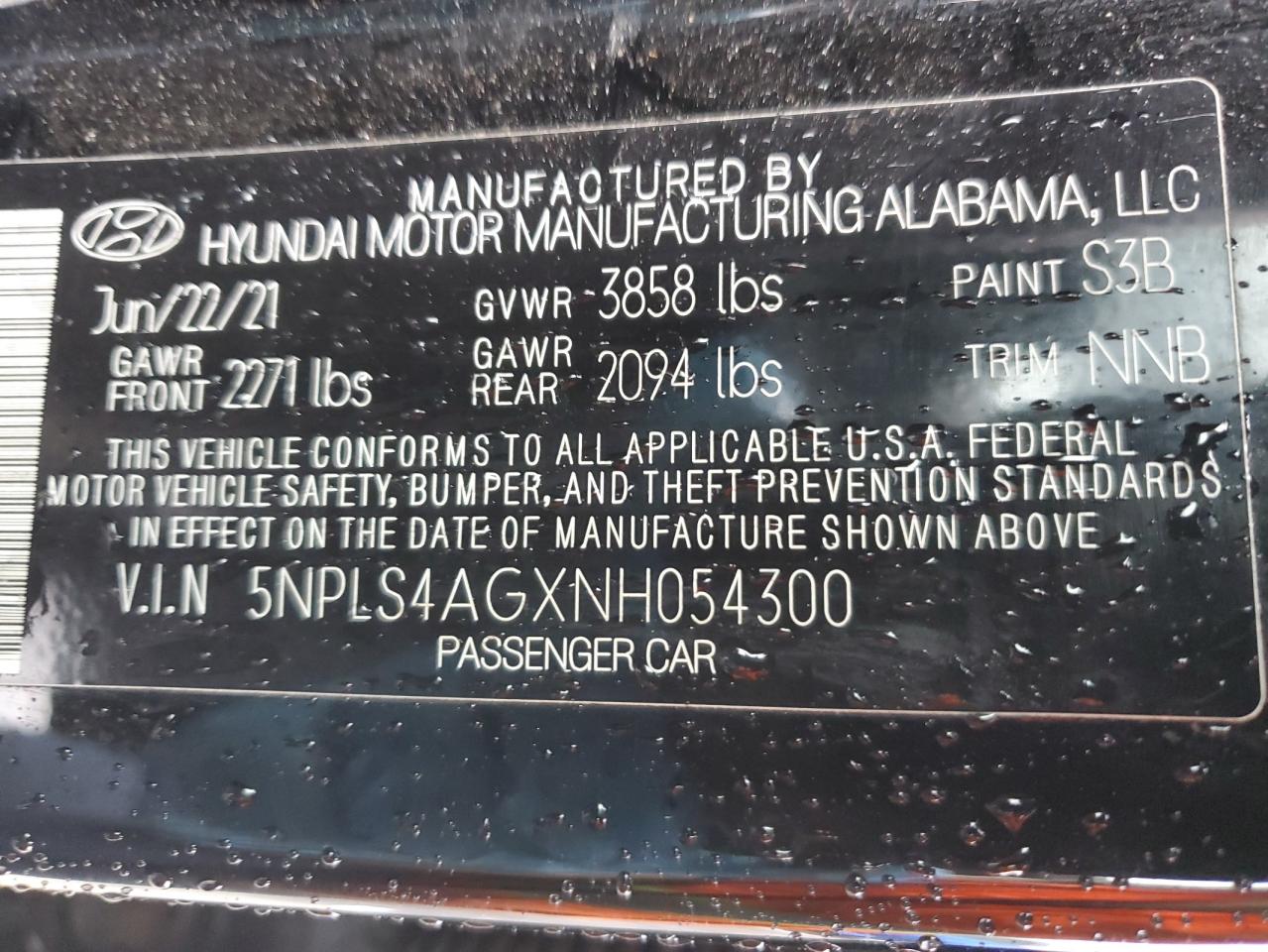 2022 HYUNDAI ELANTRA SEL VIN:5NPLS4AGXNH054300