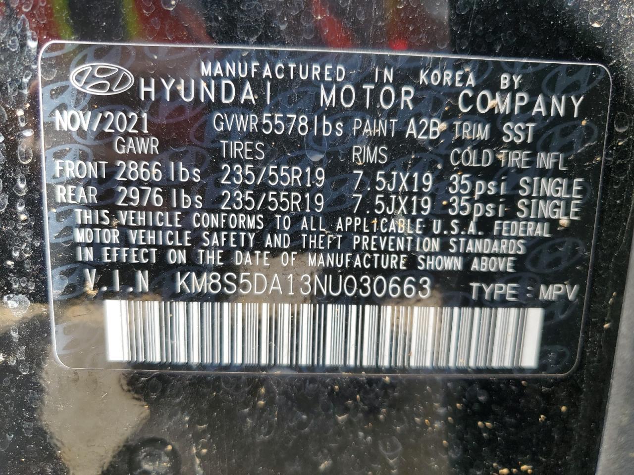 2022 HYUNDAI SANTA FE LIMITED VIN:KM8S5DA13NU030663