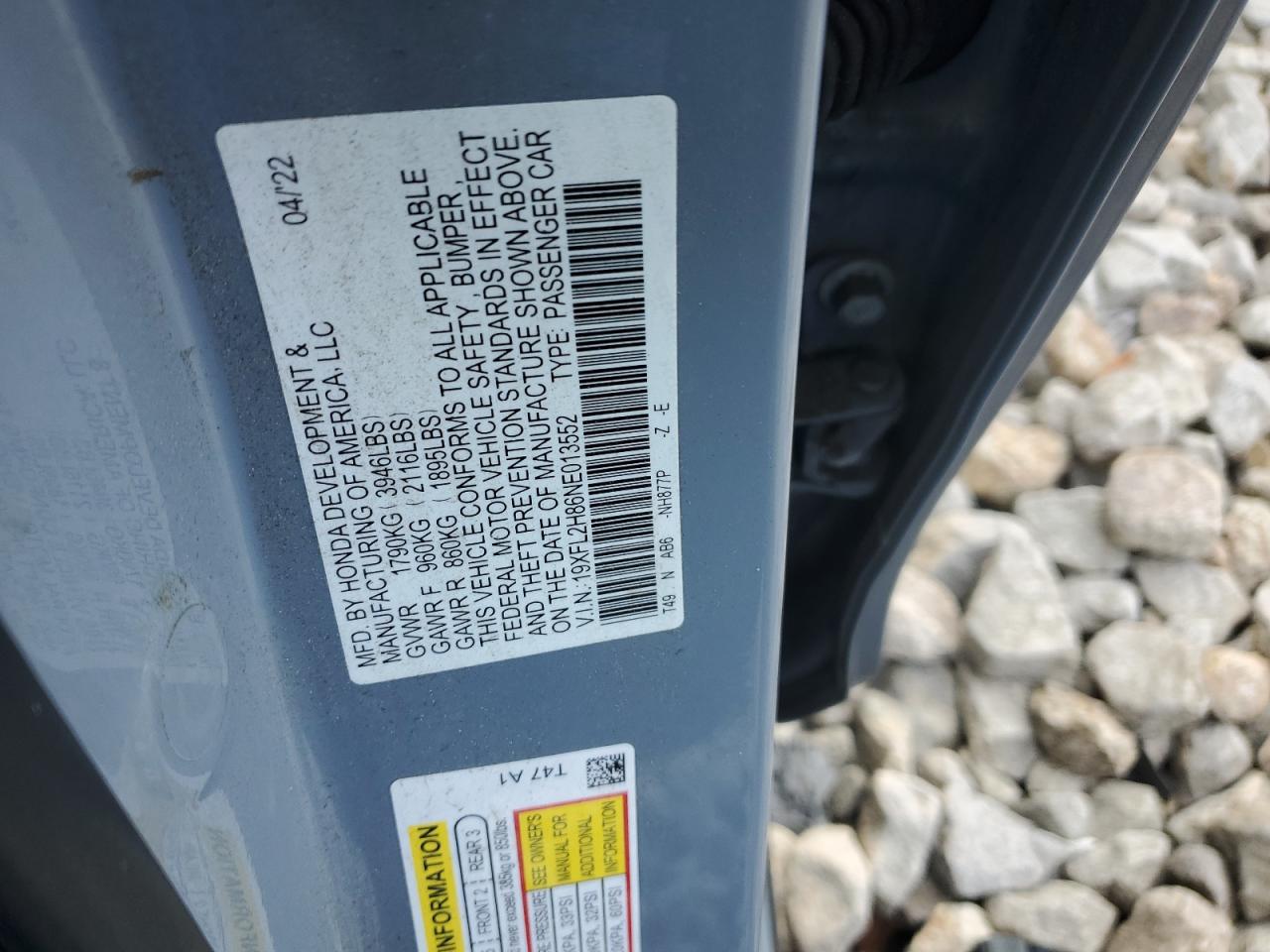 2022 HONDA CIVIC SPORT VIN:19XFL2H86NE013552