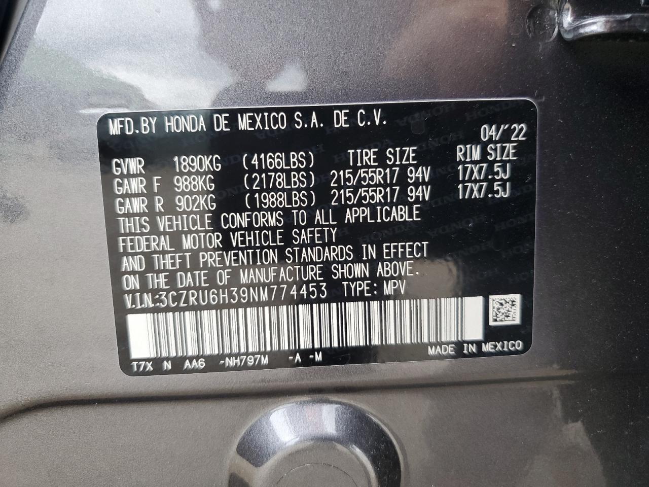2022 HONDA HR-V LX VIN:3CZRU6H39NM774453