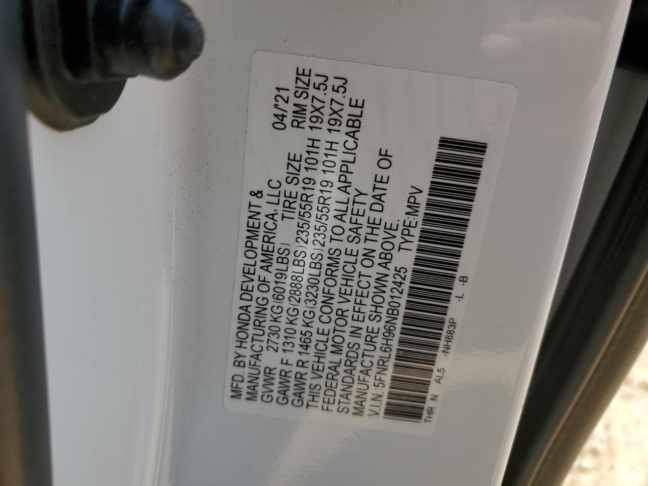 2022 HONDA ODYSSEY ELITE VIN:5FNRL6H96NB012425
