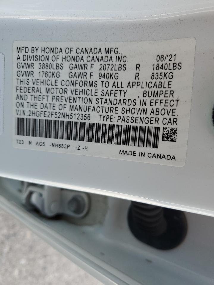 2022 HONDA CIVIC SPORT VIN:2HGFE2F52NH512356