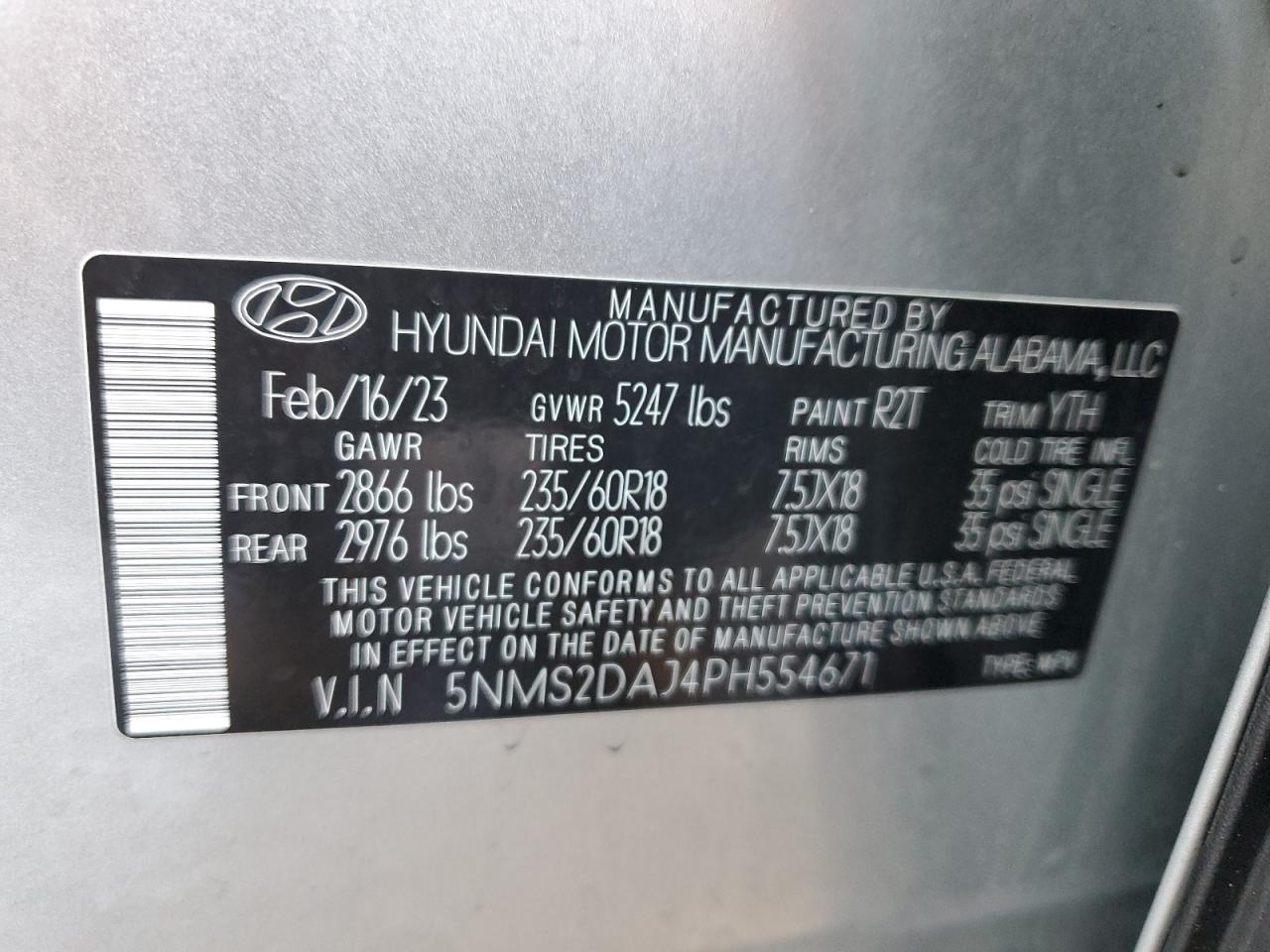2023 HYUNDAI SANTA FE SEL VIN:5NMS2DAJ4PH554671