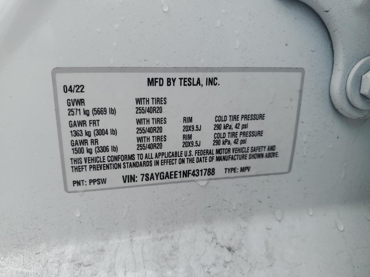 2022 TESLA MODEL Y  VIN:7SAYGAEE1NF431788