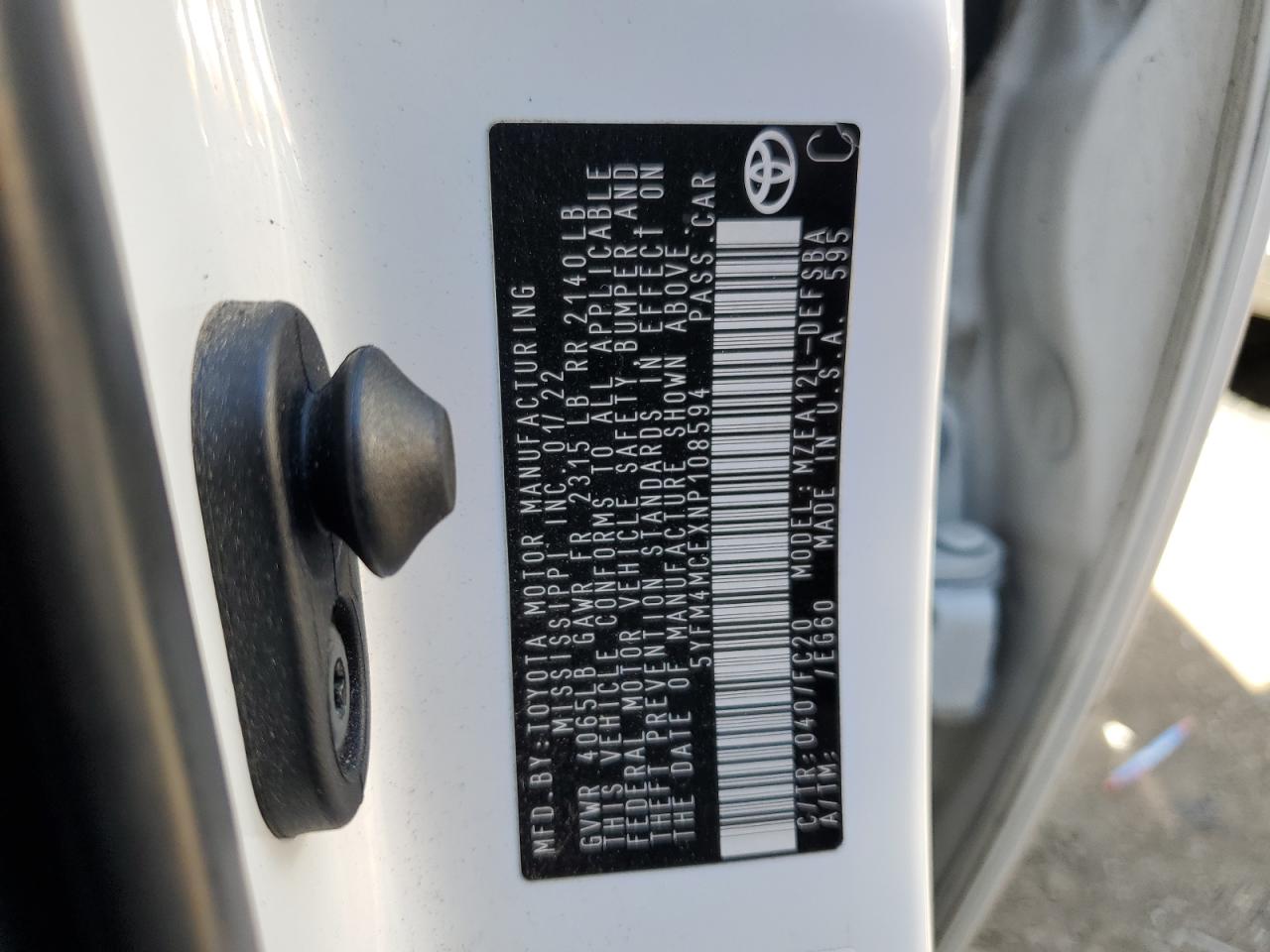 2022 TOYOTA COROLLA SE VIN:5YFM4MCEXNP108594