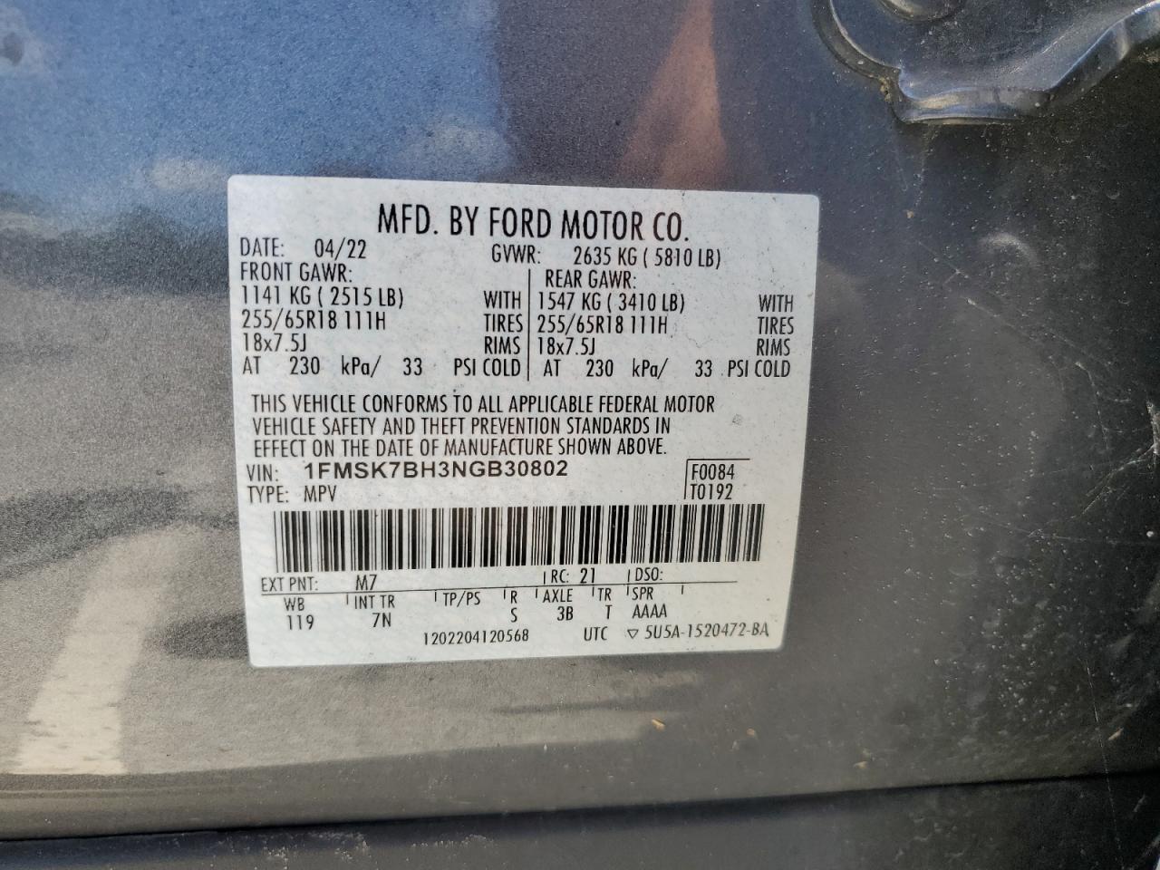 2022 FORD EXPLORER  VIN:1FMSK7BH3NGB30802