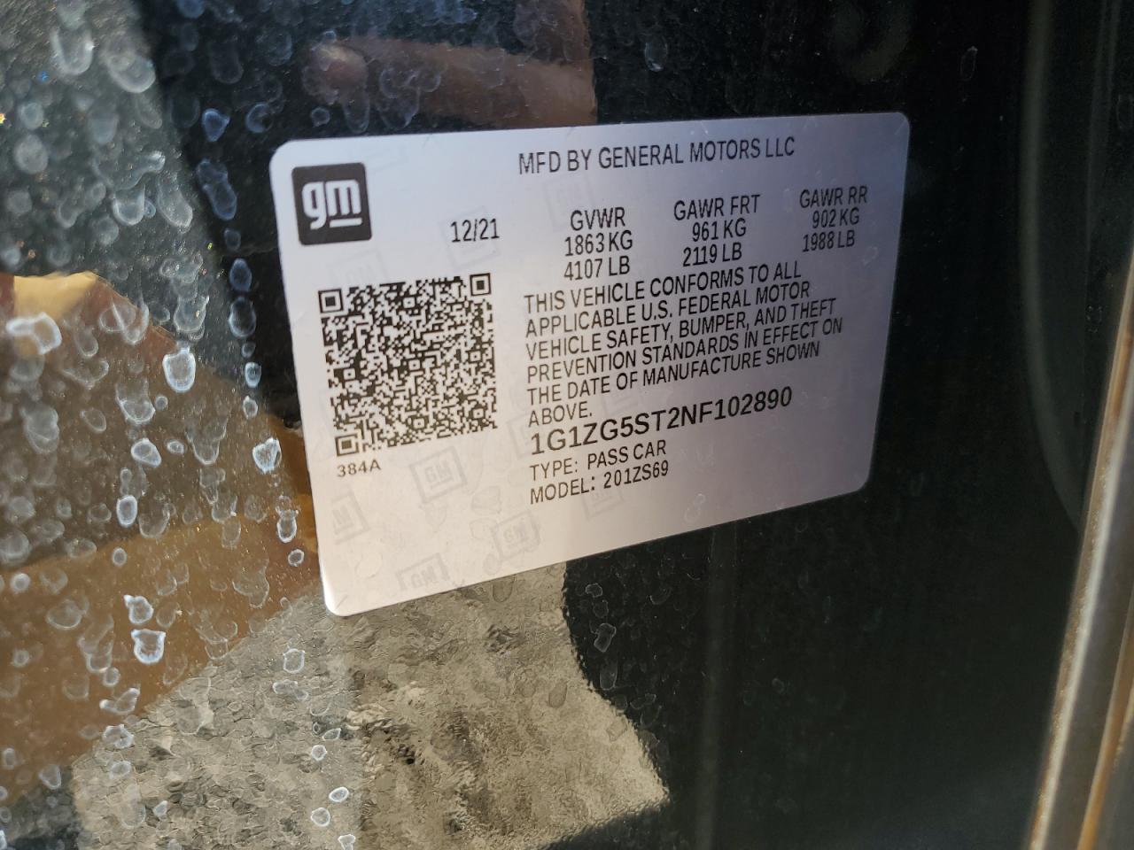 2022 CHEVROLET MALIBU RS VIN:1G1ZG5ST2NF102890