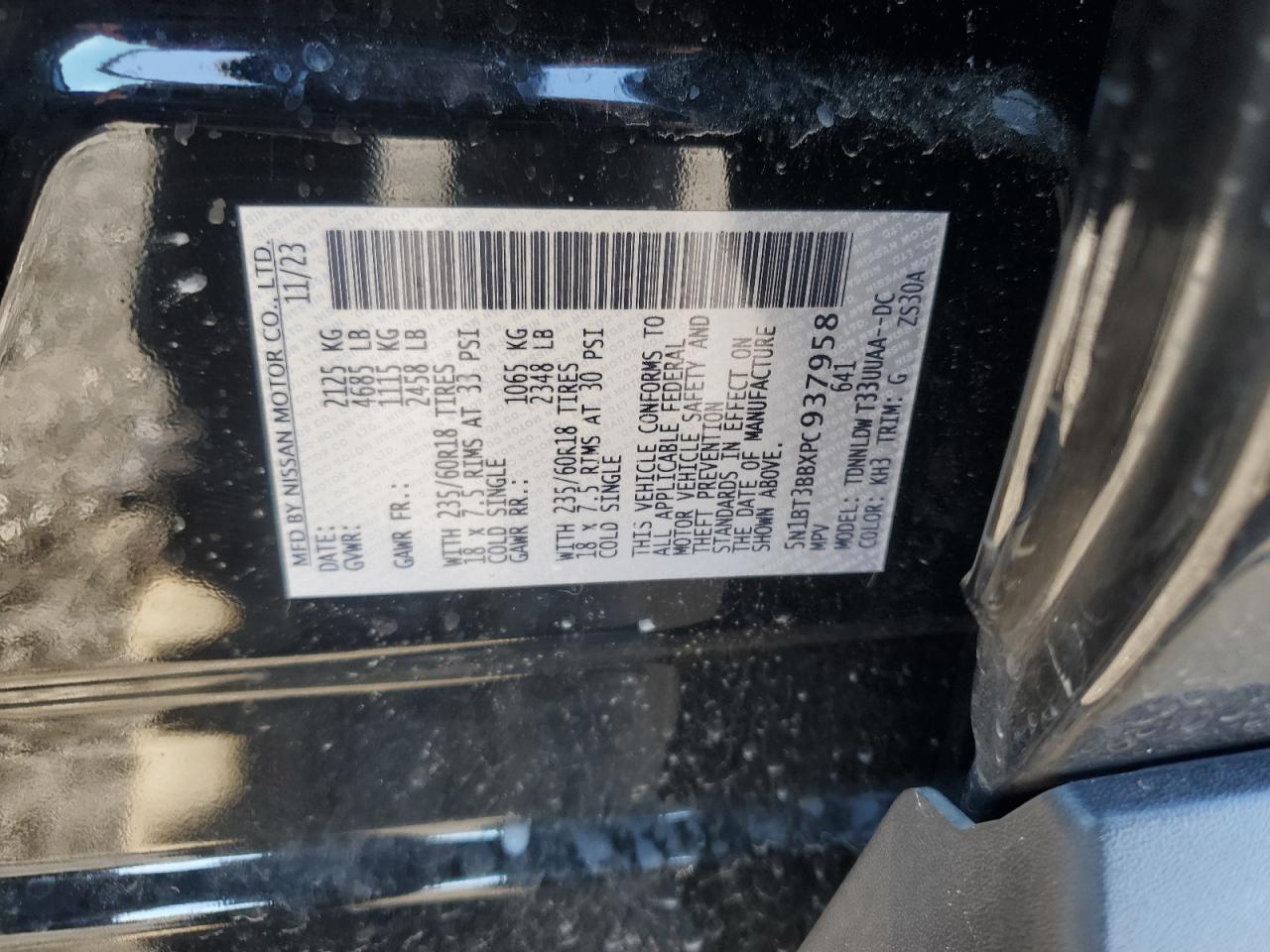 2023 NISSAN ROGUE SV VIN:5N1BT3BBXPC937958