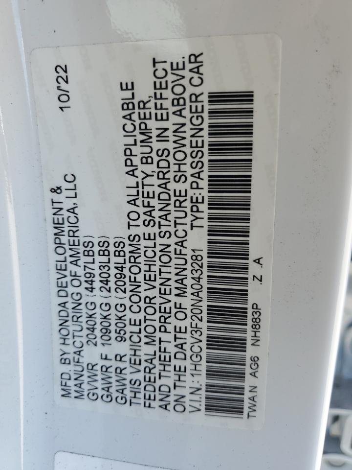 2022 HONDA ACCORD HYBRID SPORT VIN:1HGCV3F20NA043281