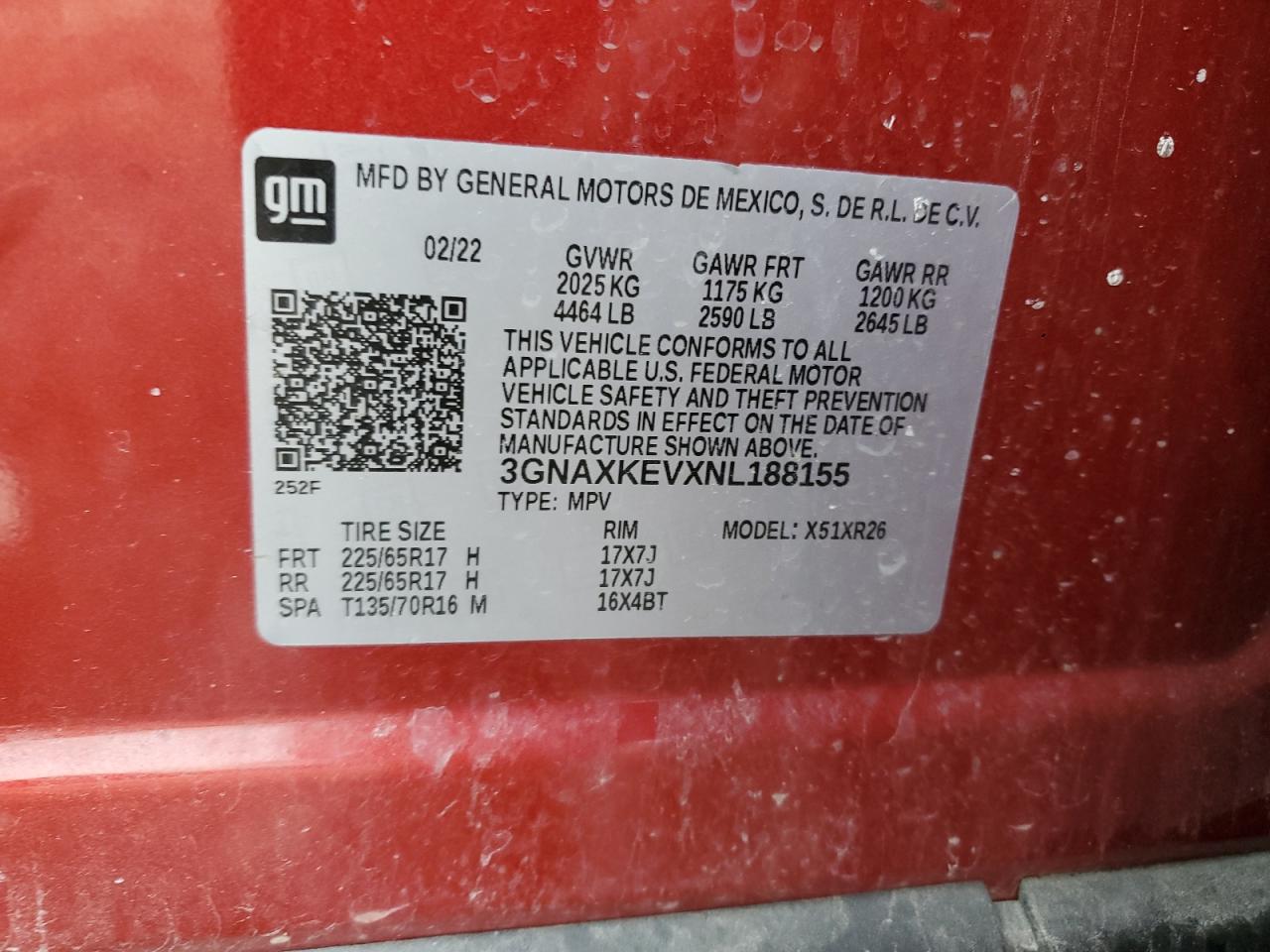 2022 CHEVROLET EQUINOX LT VIN:3GNAXKEVXNL188155