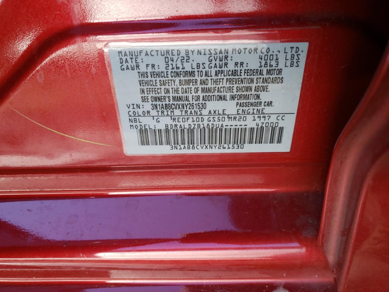 2022 NISSAN SENTRA SV VIN:3N1AB8CVXNY261530