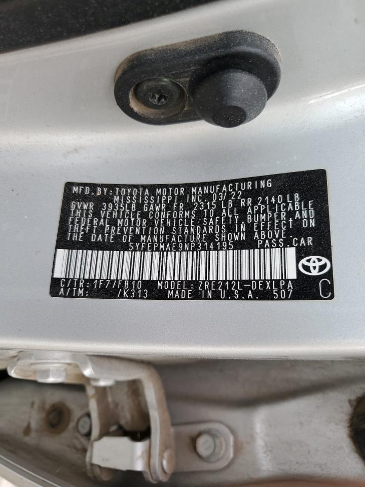 2022 TOYOTA COROLLA LE VIN:5YFEPMAE9NP314195