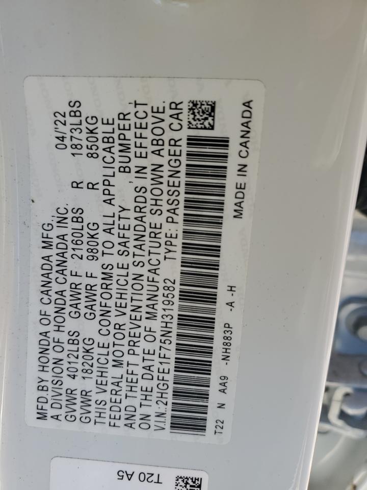 2022 HONDA CIVIC EX VIN:2HGFE1F75NH319582