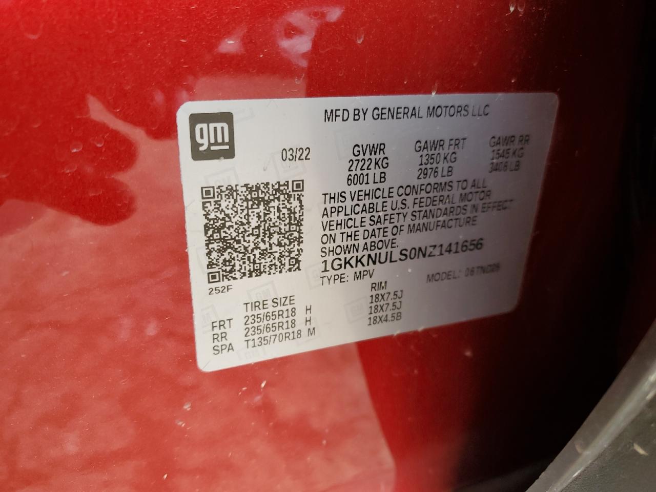 2022 GMC ACADIA SLT VIN:1GKKNULS0NZ141656