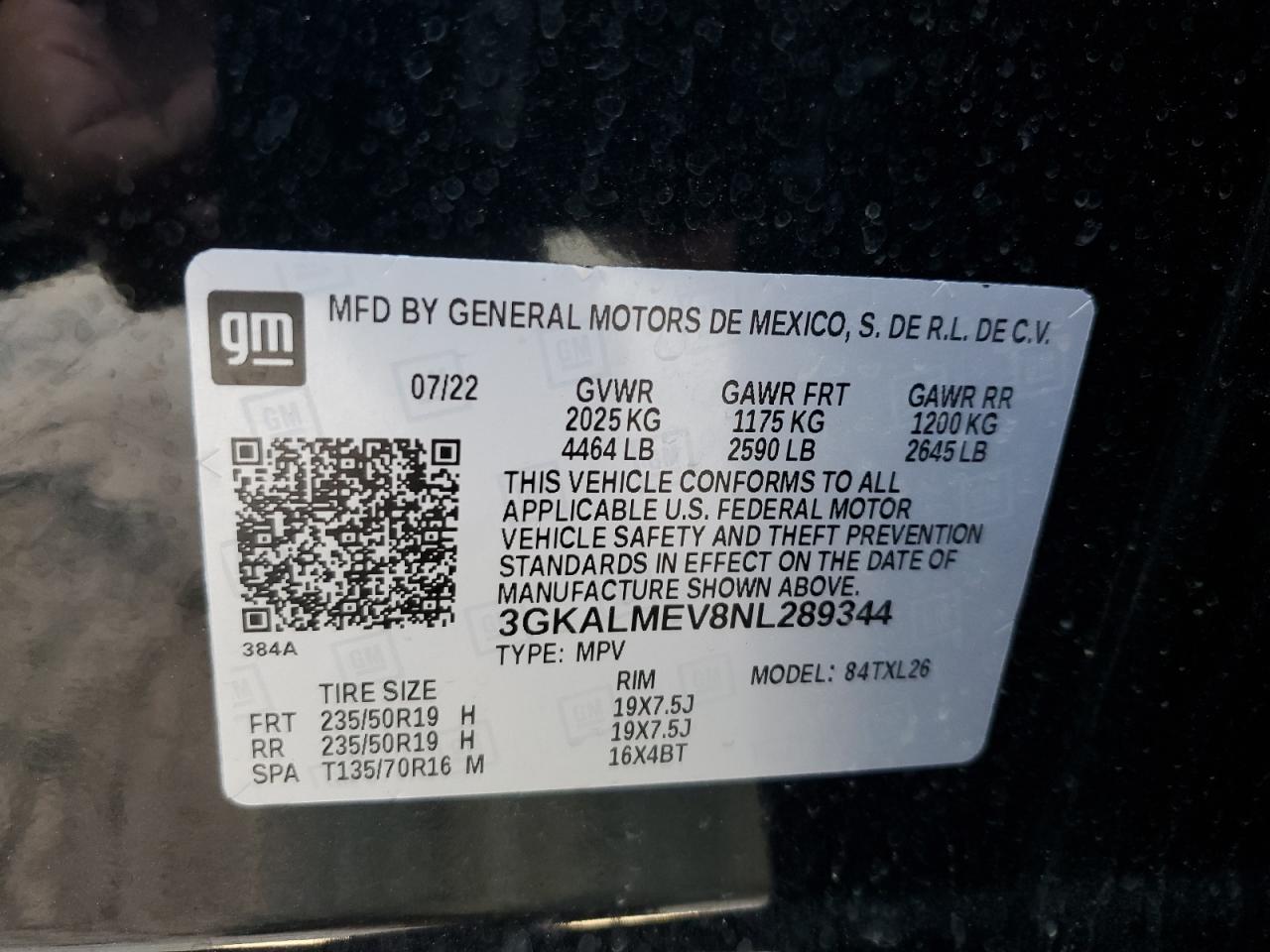 2022 GMC TERRAIN SLE VIN:3GKALMEV8NL289344