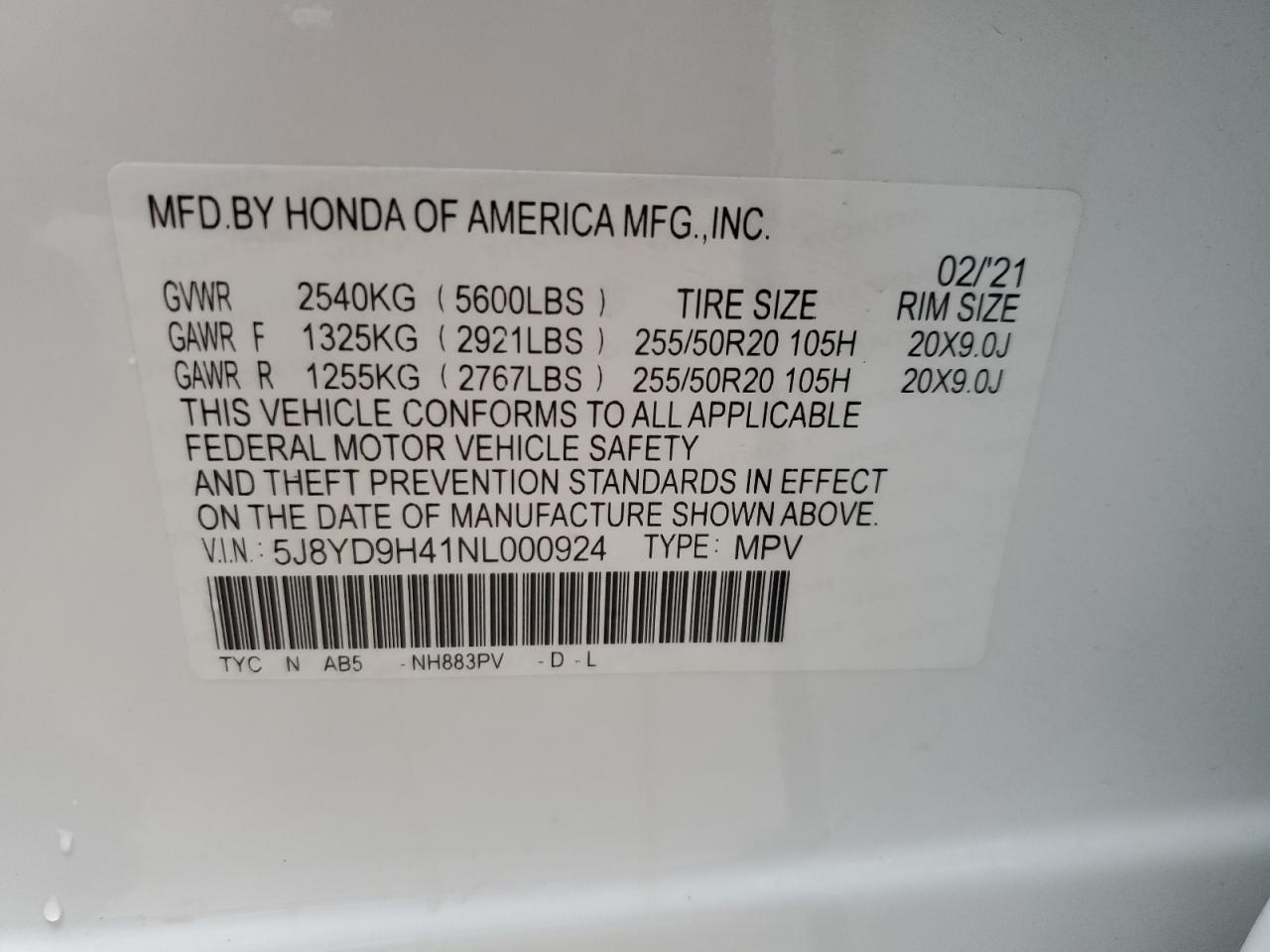 2022 ACURA MDX TECHNOLOGY VIN:5J8YD9H41NL000924