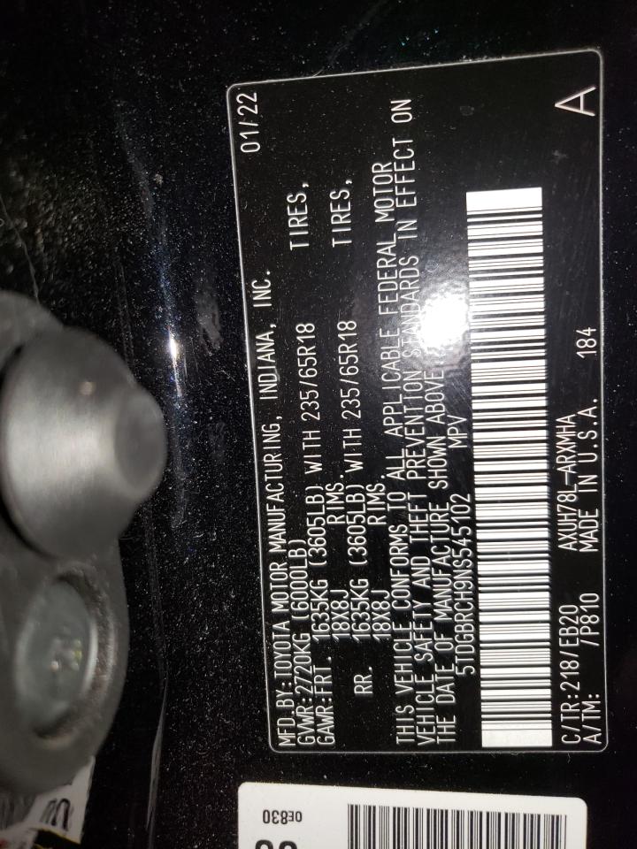 2022 TOYOTA HIGHLANDER HYBRID XLE VIN:5TDGBRCH9NS545102