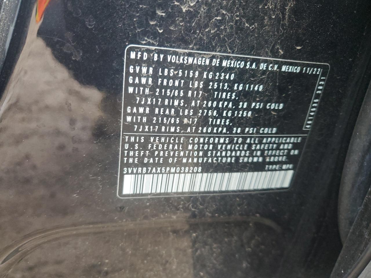 2023 VOLKSWAGEN TIGUAN S VIN:3VVRB7AX5PM038208