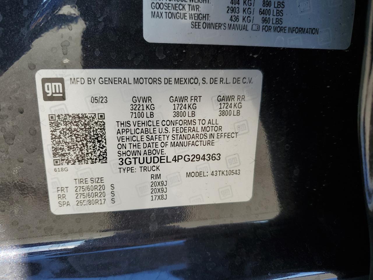 2023 GMC SIERRA K1500 SLT VIN:3GTUUDEL4PG294363